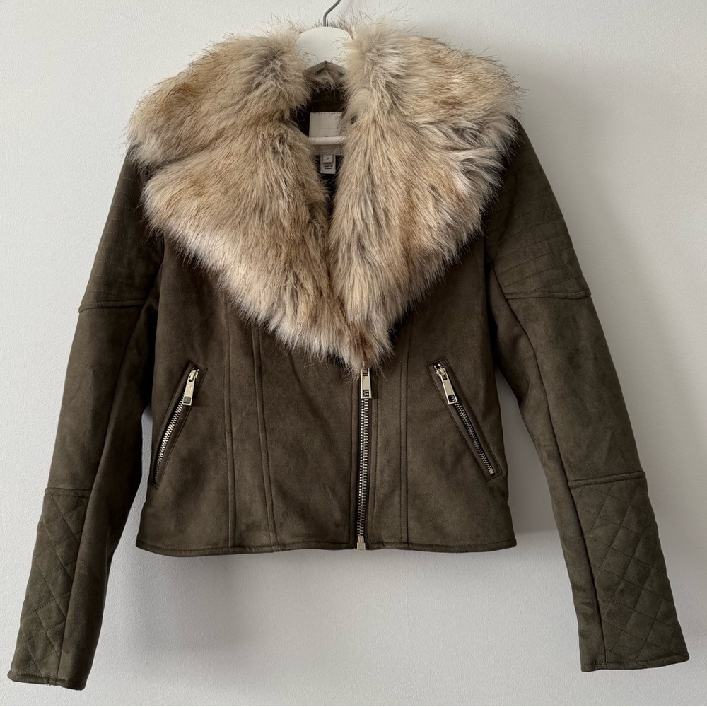 River Island Biker Jacket with Removable Fur Collar in Olive Green